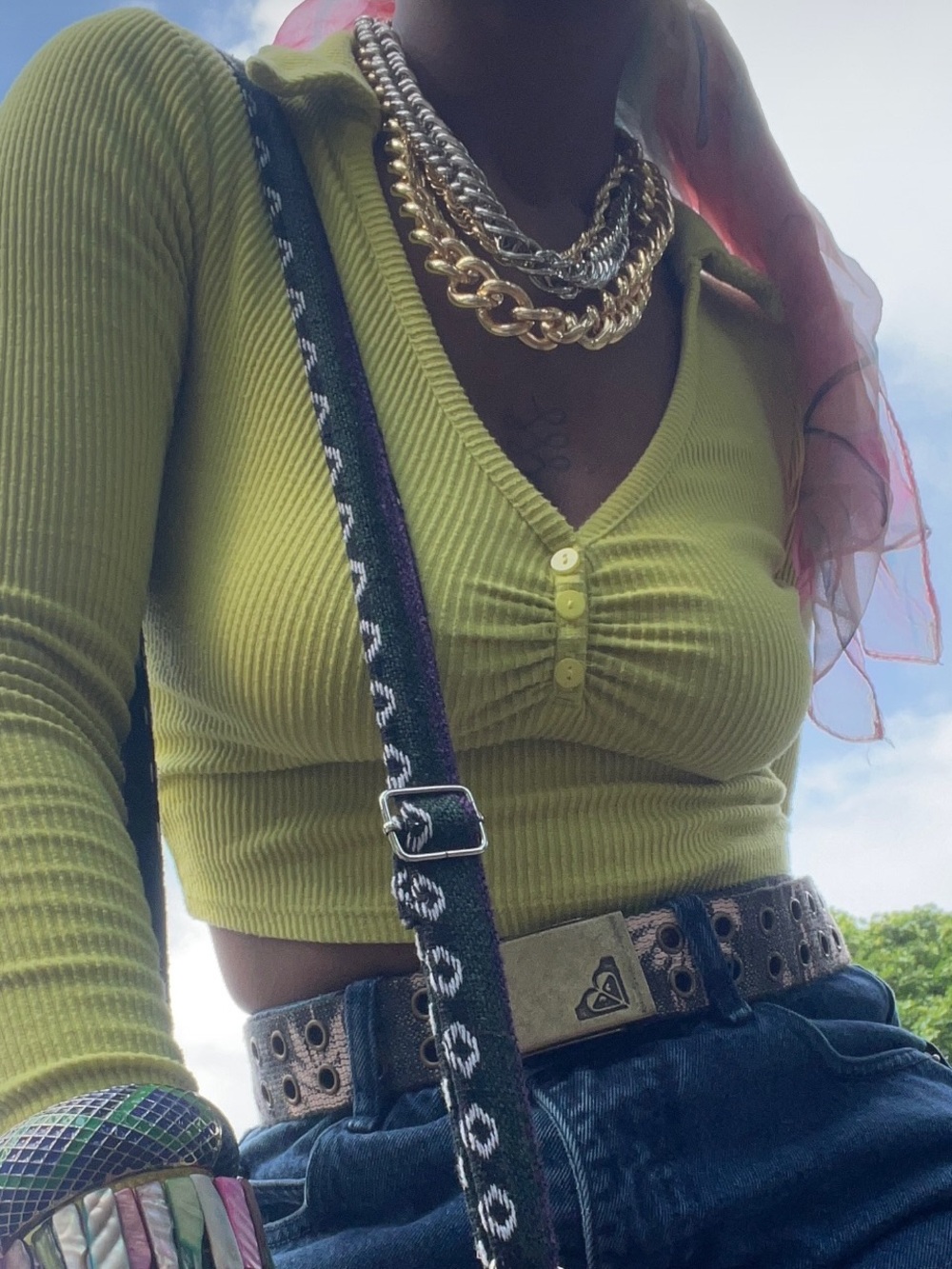 Bershka Ribbed Cropped V-Neck Top in Lime Green